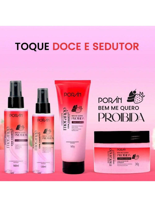 Kit Banho Cuidados Corpo Morango com Chantilly  Esfoliante Hidratante Body Splash Óleo Corporal Porán