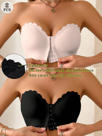 2 Peças/Conjunto Sutiã Feminino Multicolorido, Fivela Frontal com Acabamento em Onda, Busto Estruturado, Almofadas de Copo Removíveis