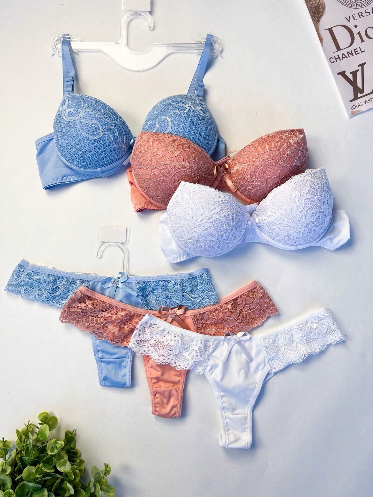 Conjunto de Renda Calcinha Fio Duplo com Bojo em Renda Alça Regulável Lingerie Feminina Promoção Moda intima