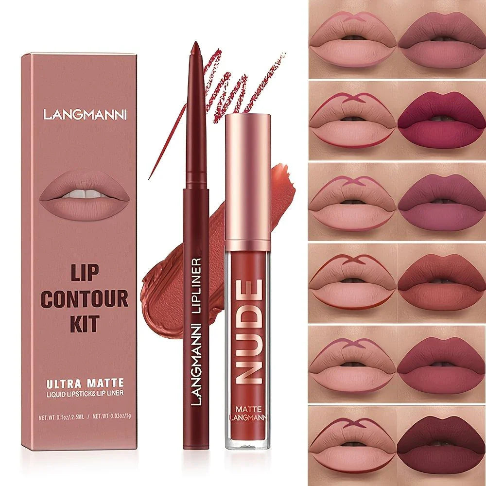 Kit Completo de Lábios: Batom Matte + Lápis Labial para Contorno À Prova d'água