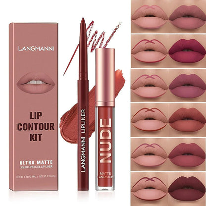 Kit Completo de Lábios: Batom Matte + Lápis Labial para Contorno À Prova d'água