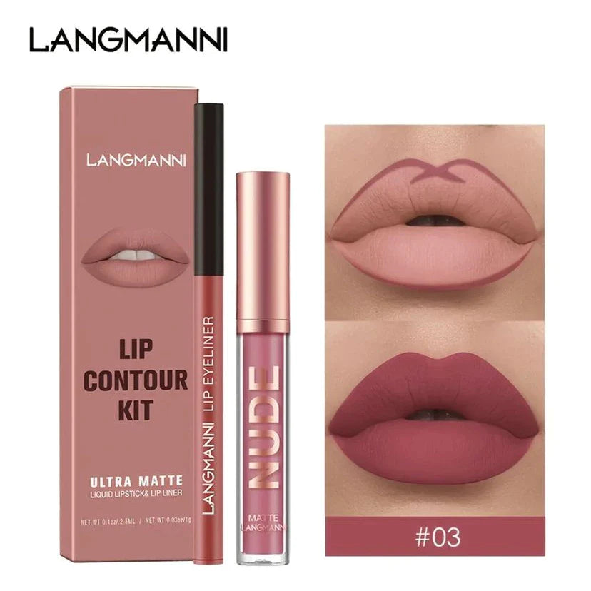 Kit Completo de Lábios: Batom Matte + Lápis Labial para Contorno À Prova d'água