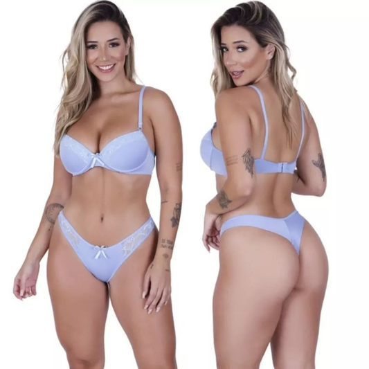 Conjunto de Renda Calcinha Fio Duplo com Bojo em Renda Alça Regulável Lingerie Feminina Promoção Moda intima