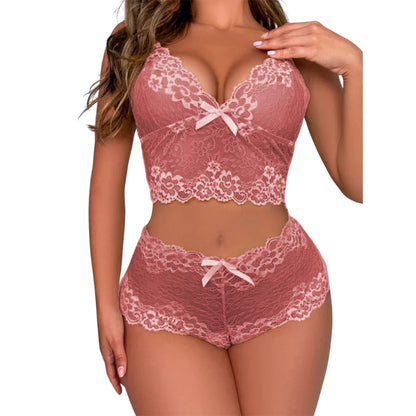 Kit Conjunto Renda Espera Marido Lingerie Cropped Sutiã Sem Bojo Short Calcinha Caleçon