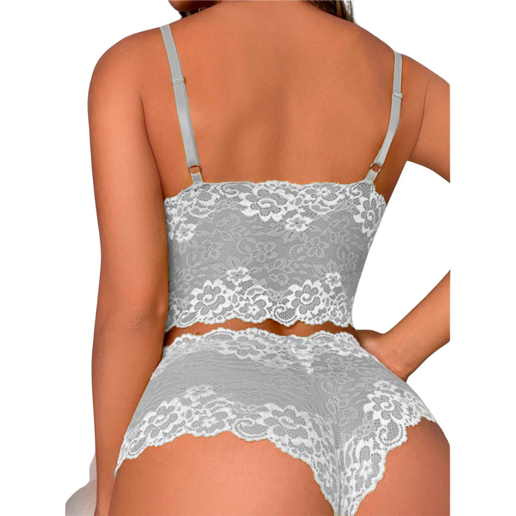 Kit Conjunto Renda Espera Marido Lingerie Cropped Sutiã Sem Bojo Short Calcinha Caleçon