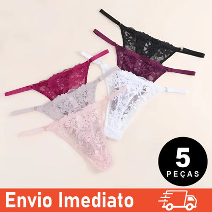 Kit 5 calcinhas Fio Dental De Renda com Regulagem Calcinha Feminina Lingerie