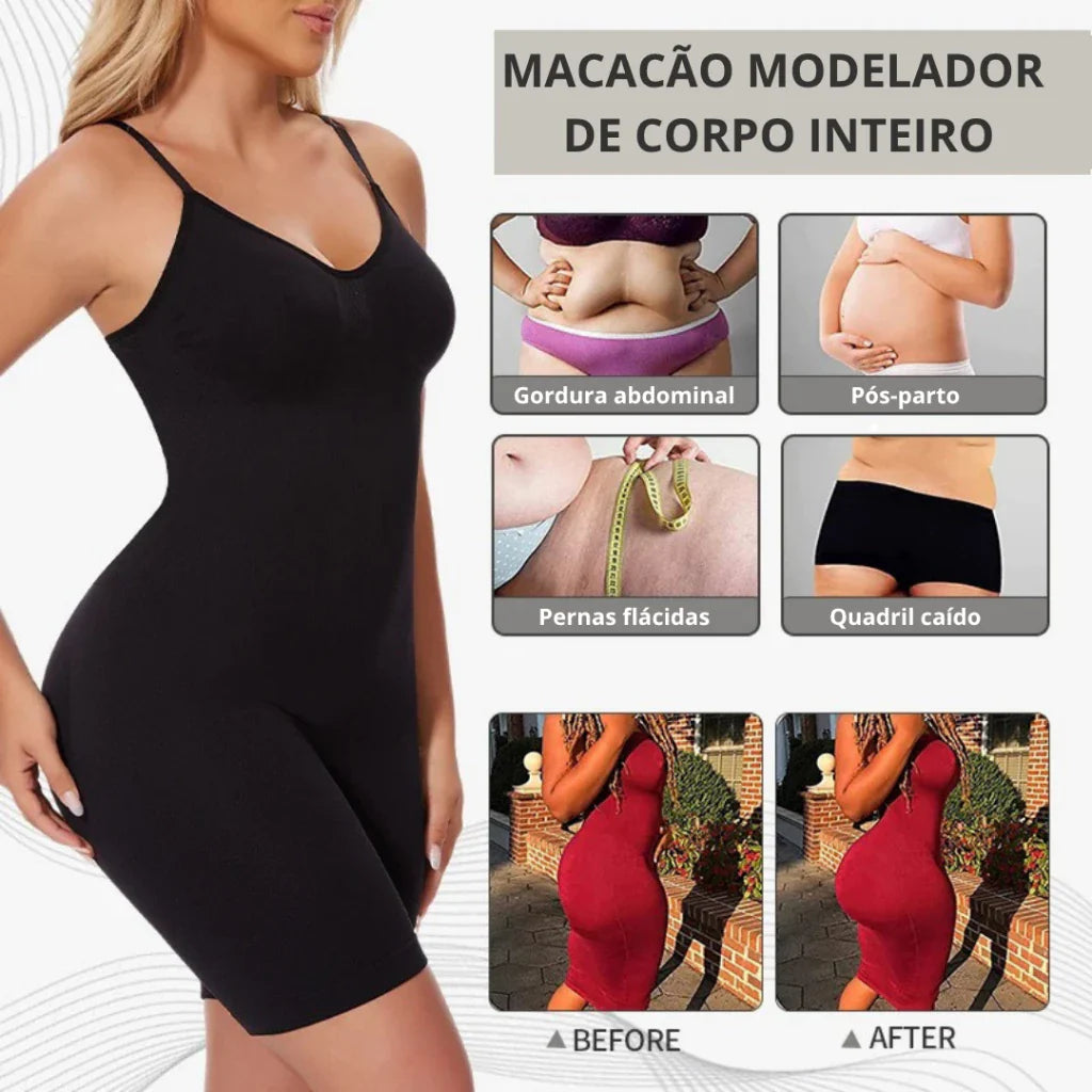 Macacão Cinta Modeladora Corpo Inteiro Pós-Parto Alta Compressão Sem Costura Body Redutor Microfibra Plus Size